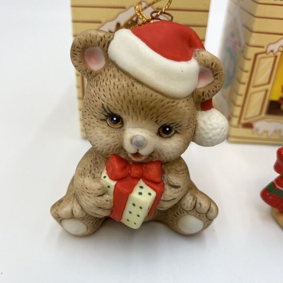 3 Russ Berrie Li'l Lovables Mini Porcelain Figurine Christmas Ornaments Cat Bear - Picture 2 of 9